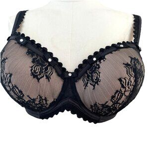 Pleasure State VIP Underwire Lace Bra Size 38DD Black Bows Crystals Romantic